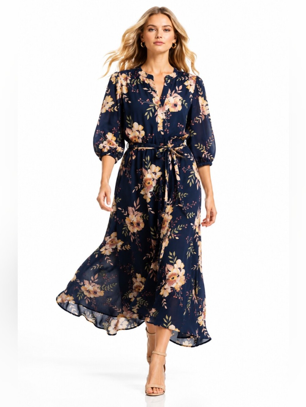 Downeast Navy Floral Tie Waist Midi Dress Women's Large